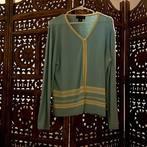 Gently worn light blue and white cashmere sweater